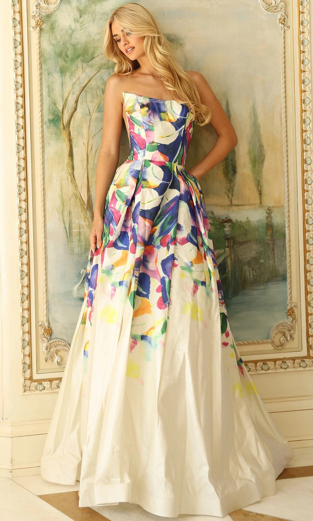 Jovani 44434 Multicolor Floral Strapless Prom Gown