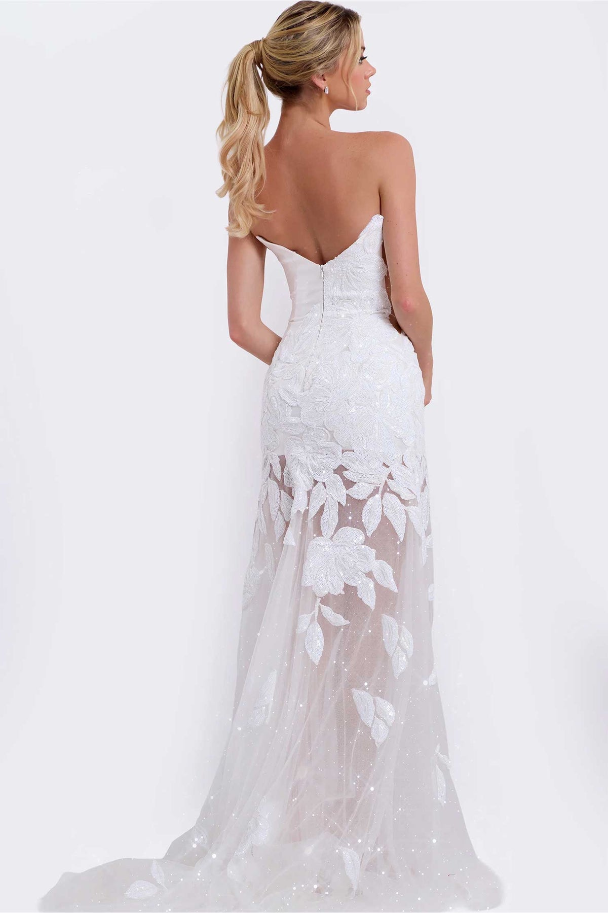 Jovani 44437 - Strapless Floral Embellished Tulle Gown