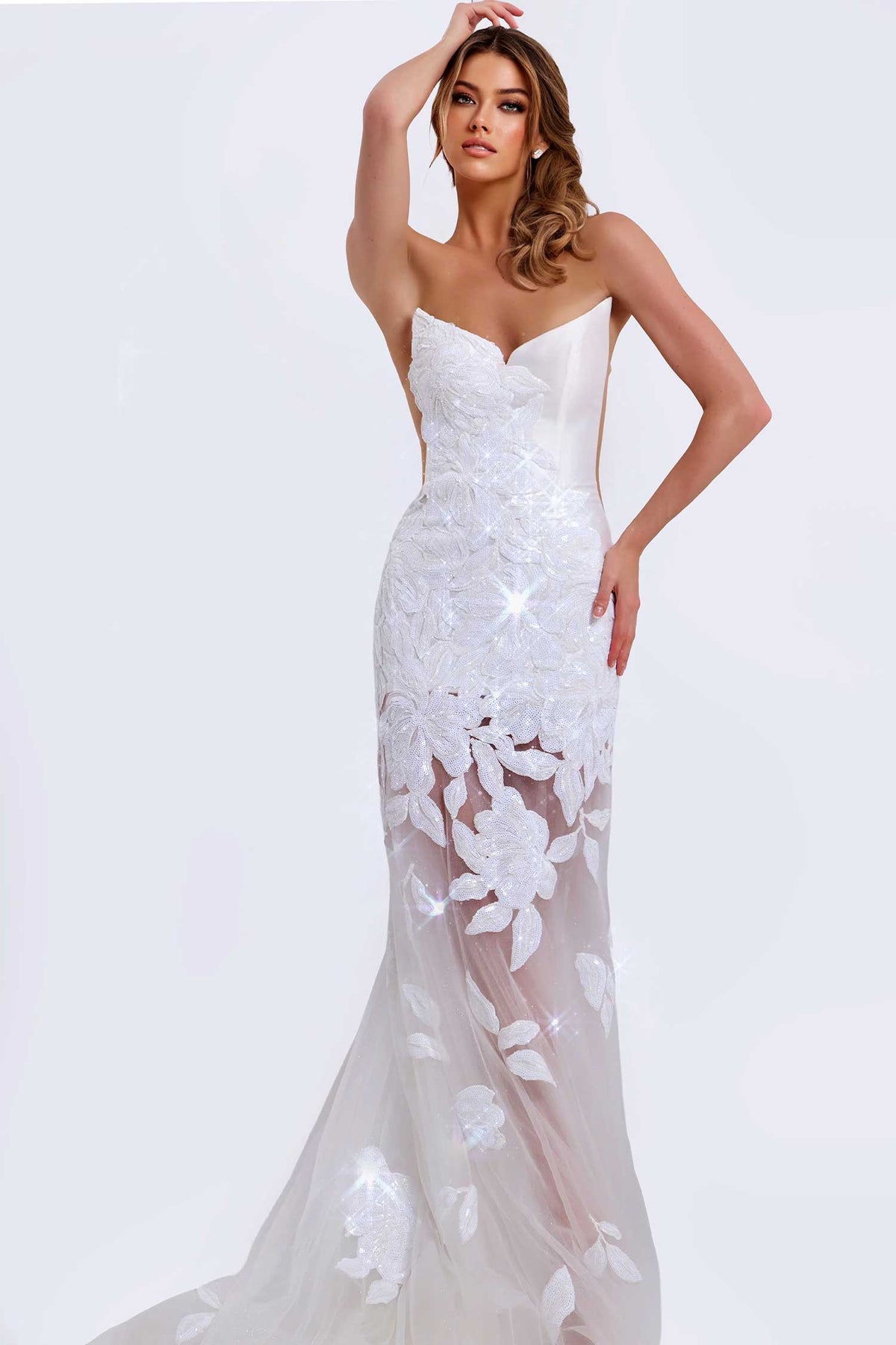 Jovani 44437 - Strapless Floral Embellished Tulle Gown