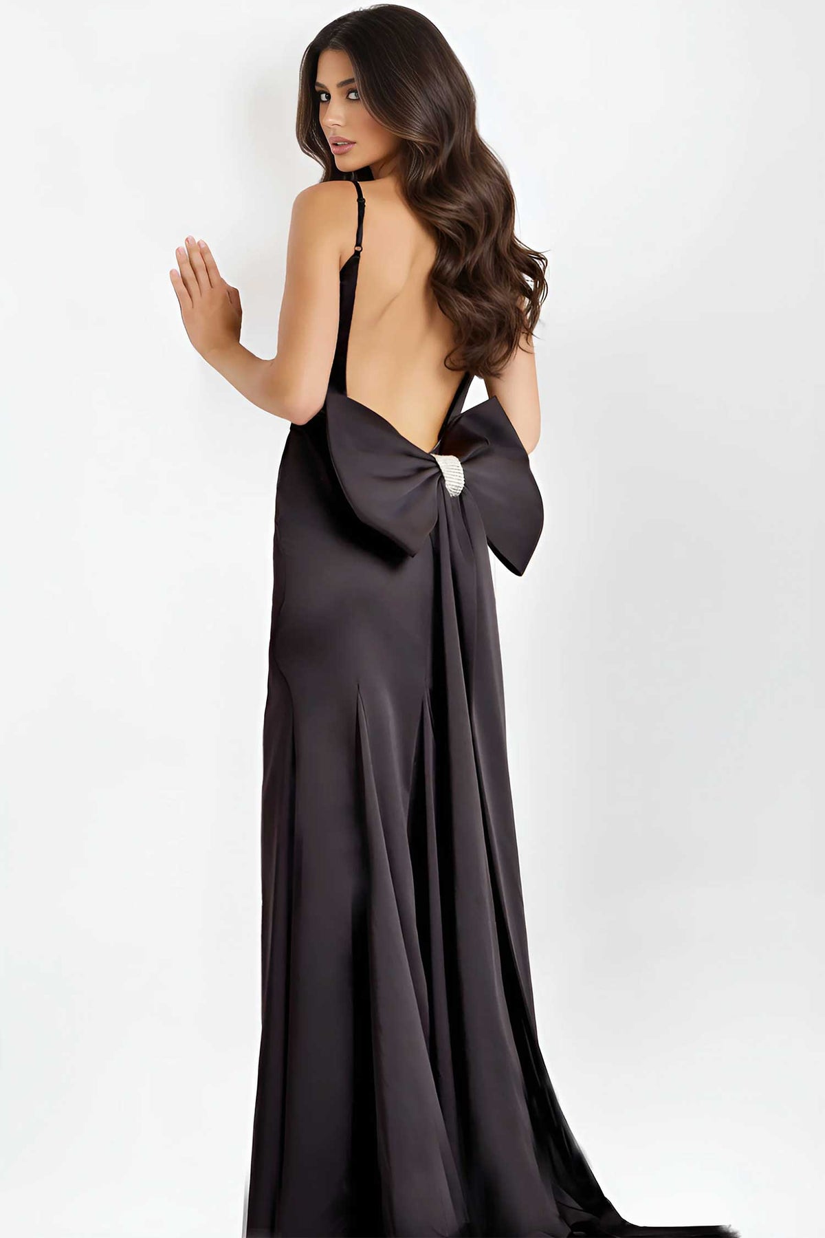 Jovani 44675 - Open Back Sheath Gown with Oversized Bow