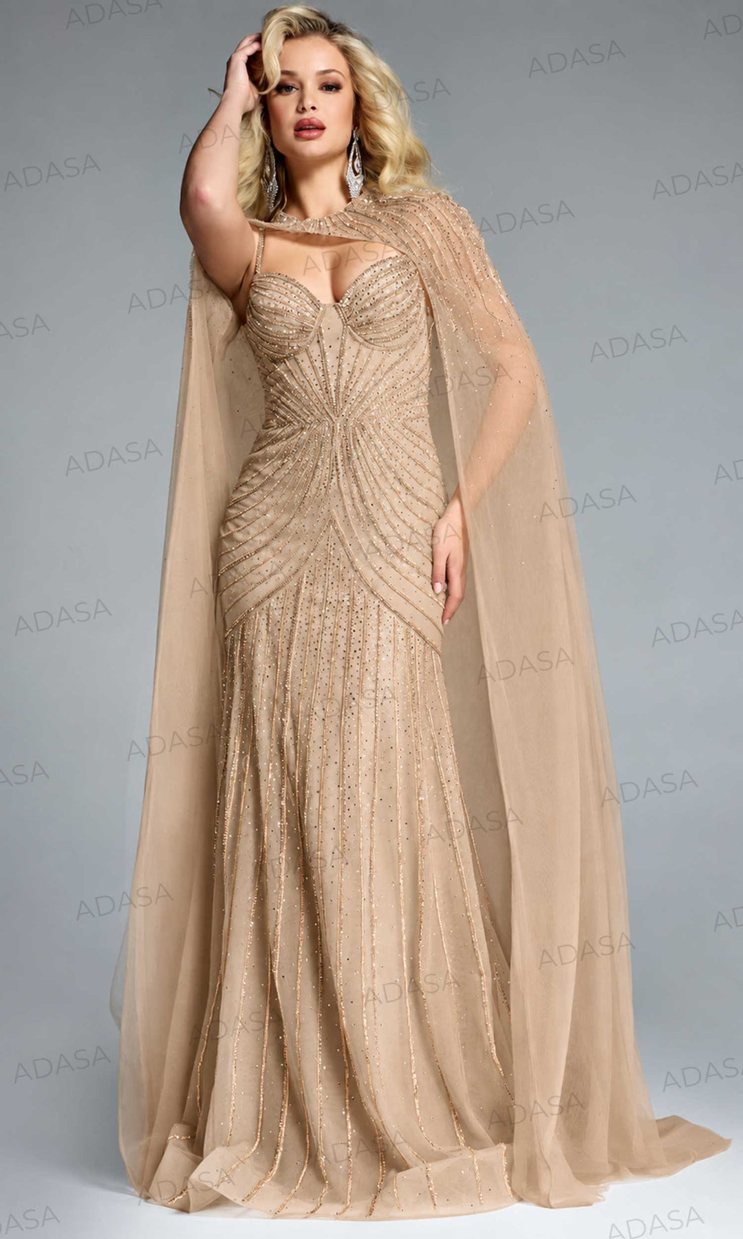 Jovani 44840 - Draped Cape Embellished Fitted Gown