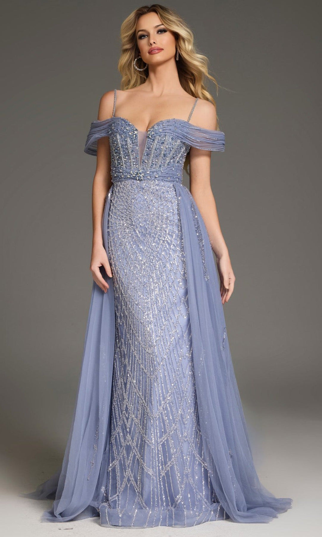 Jovani 44845 Cold Shoulder Beaded Tulle Evening Gown