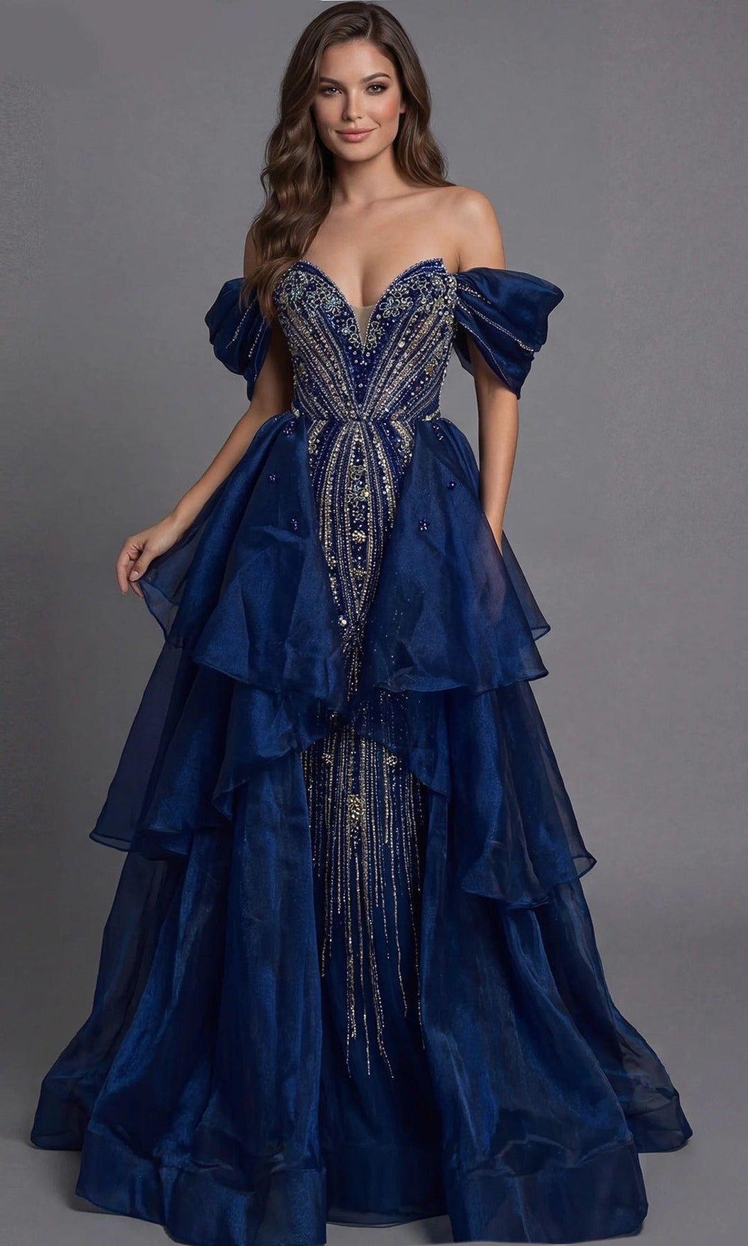 Jovani 45076 Tiered Overskirt Beaded Off Shoulder Gown