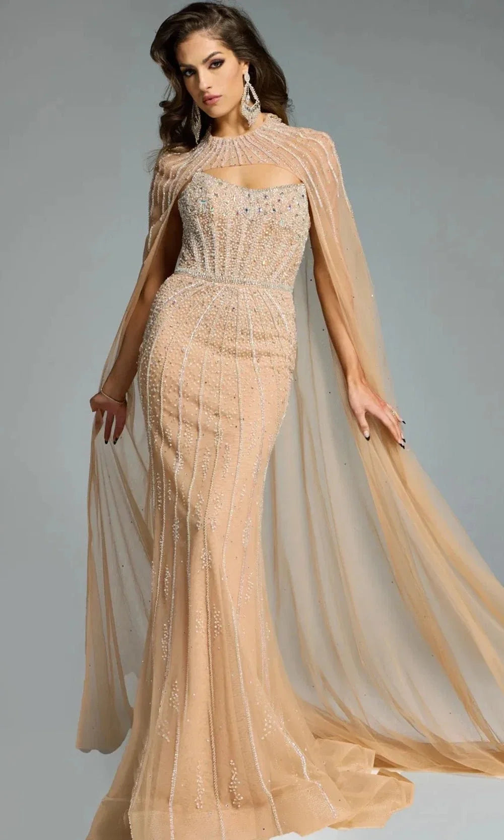 Jovani 45077 - Beaded Bodice High Neck Gown with Cape Prom Dresses