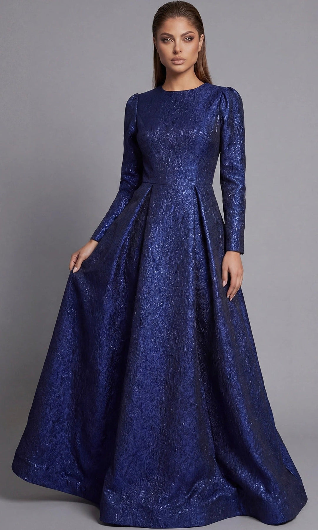 Jovani 45099 Long Sleeve Metallic Jacquard Evening Gown