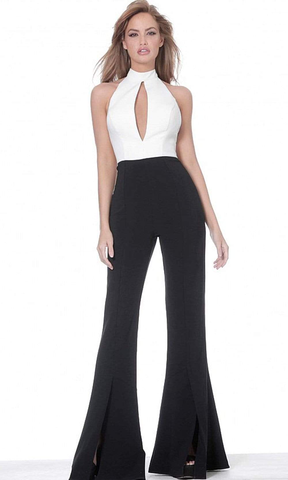 Jovani - 4520 High Halter Keyhole Jumpsuit Evening Dresses 00 / Black/Ivory