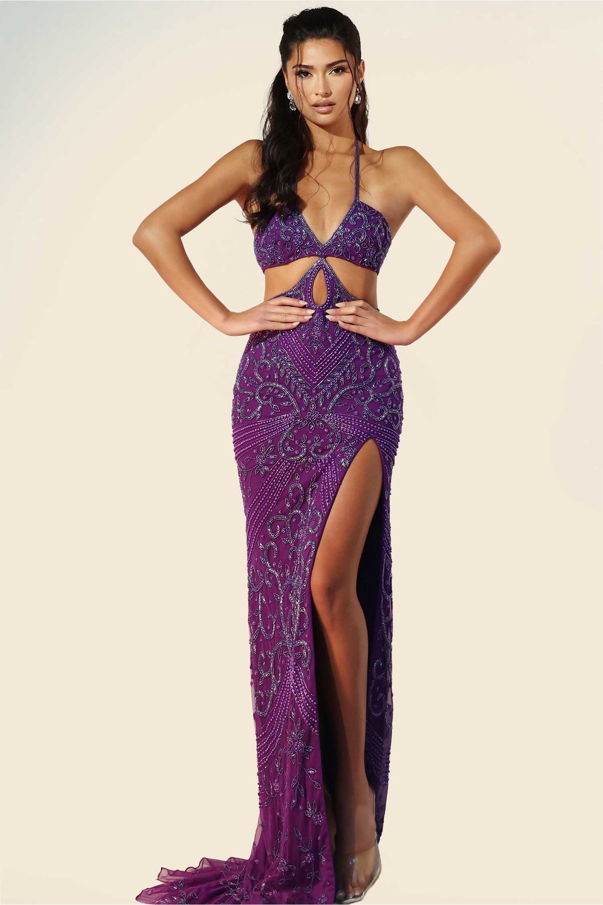 Jovani 45257 - Cutout Bodice Sleeveless Halter Gown