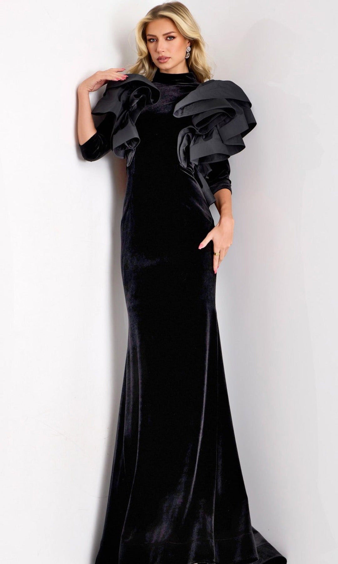 Jovani 45322 High Neck Ruffled Shoulder Velvet Gown
