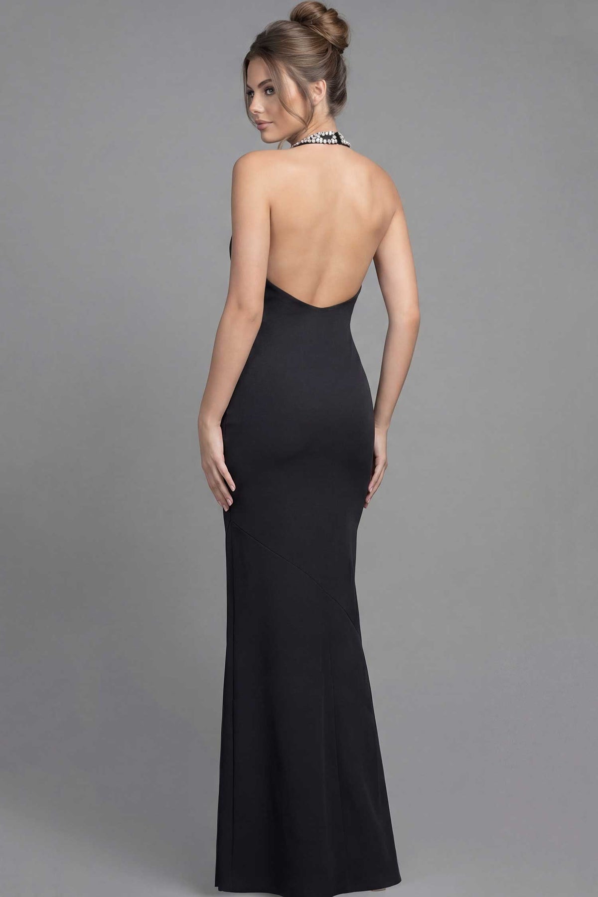 Jovani 45484 - Open Back Halter Long Gown with Crystal Trim