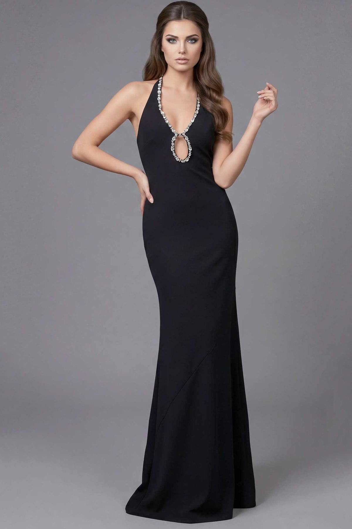 Jovani 45484 - Open Back Halter Long Gown with Crystal Trim