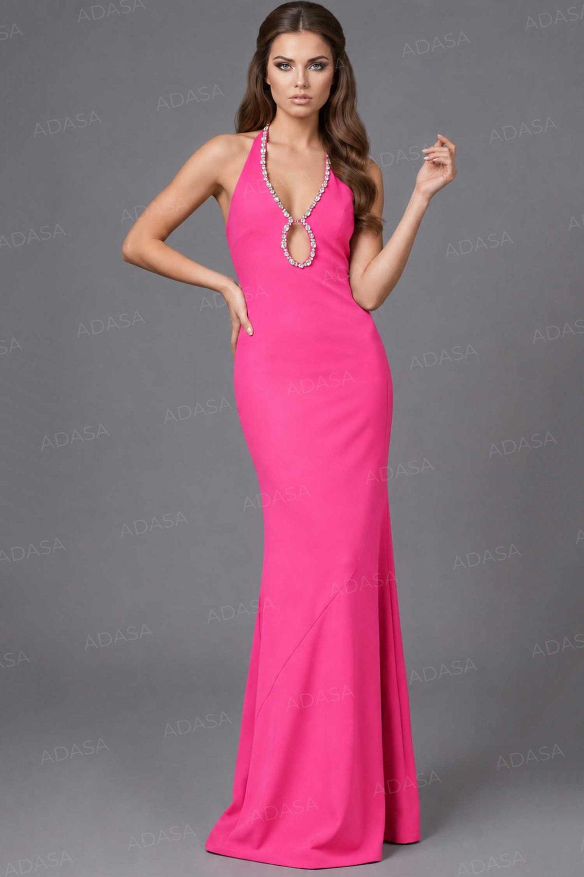 Jovani 45484 - Open Back Halter Long Gown with Crystal Trim