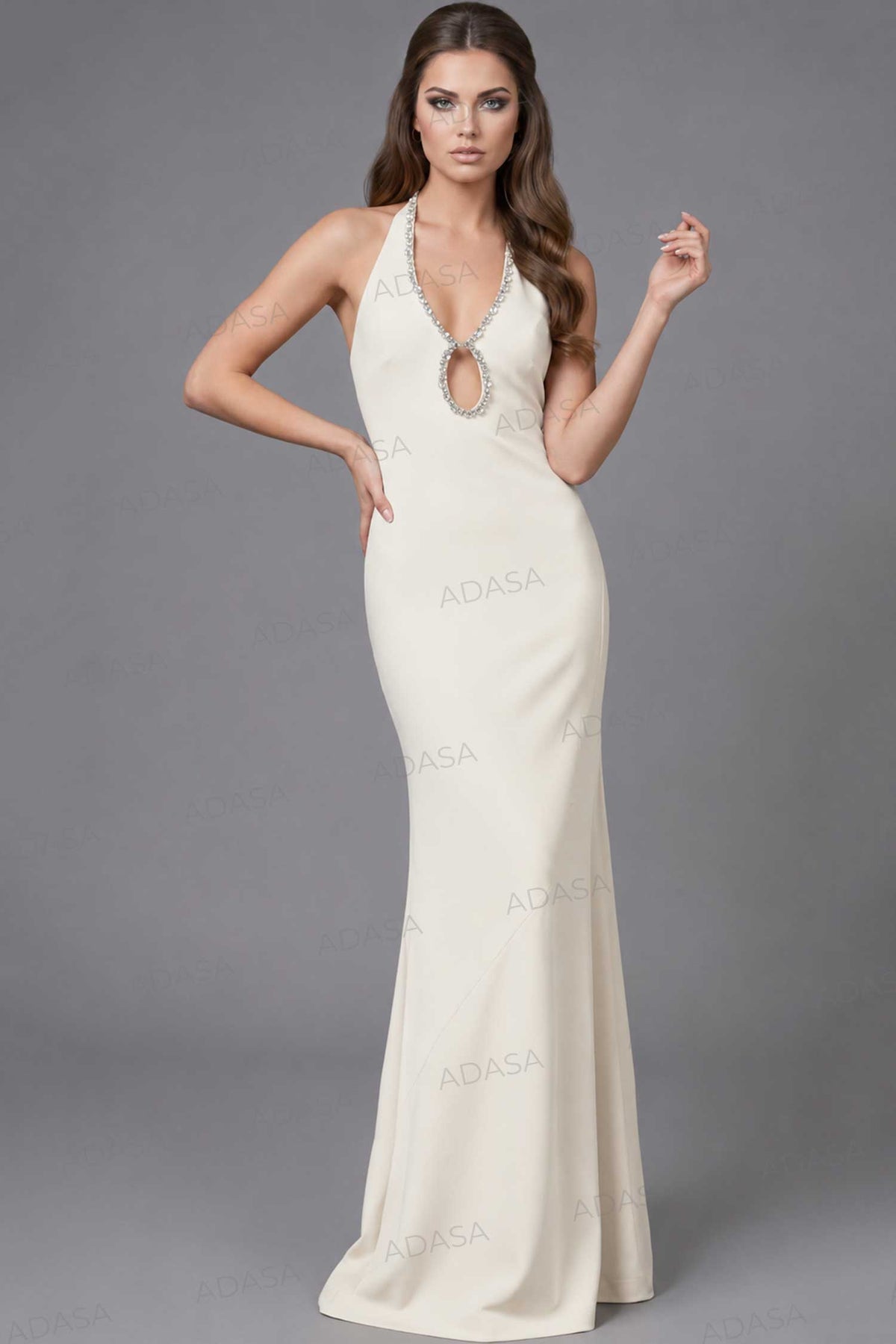 Jovani 45484 - Open Back Halter Long Gown with Crystal Trim