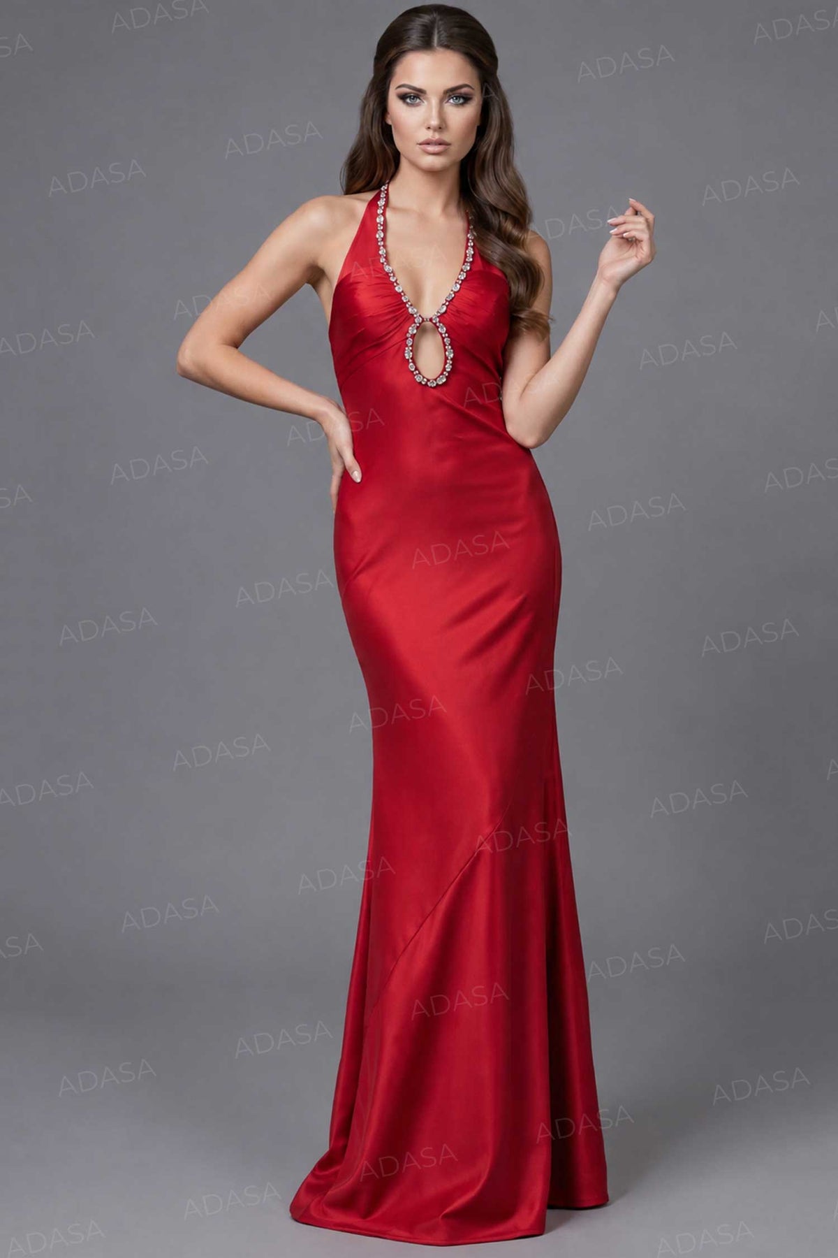 Jovani 45484 - Open Back Halter Long Gown with Crystal Trim