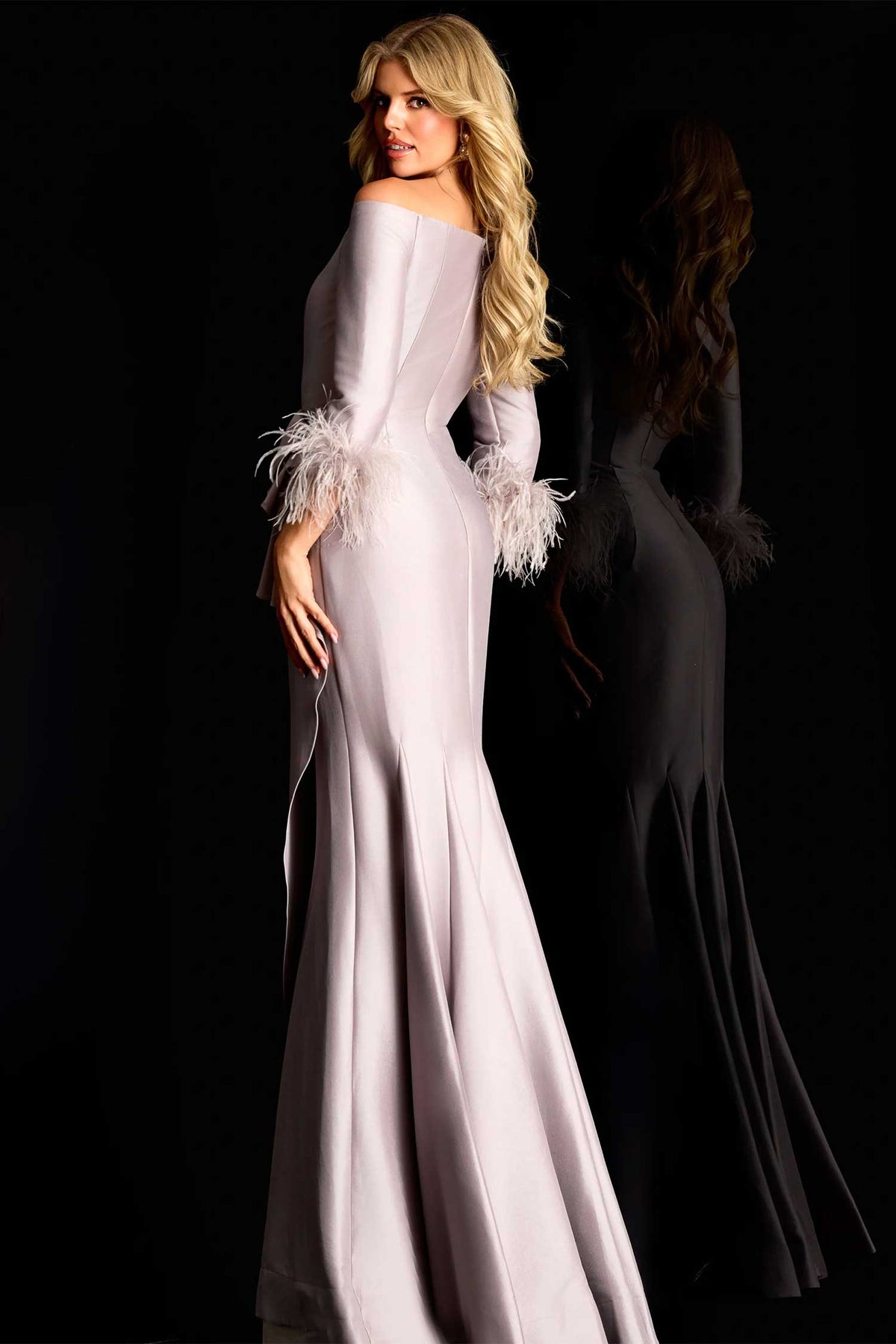 Jovani 45515 - Off Shoulder Satin Sheath Evening Gown