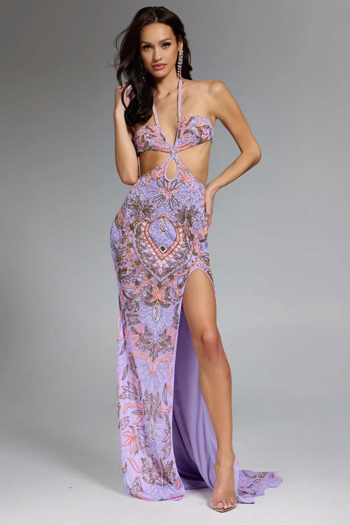 Jovani 45531 - Embellished Halter Cutout Gown