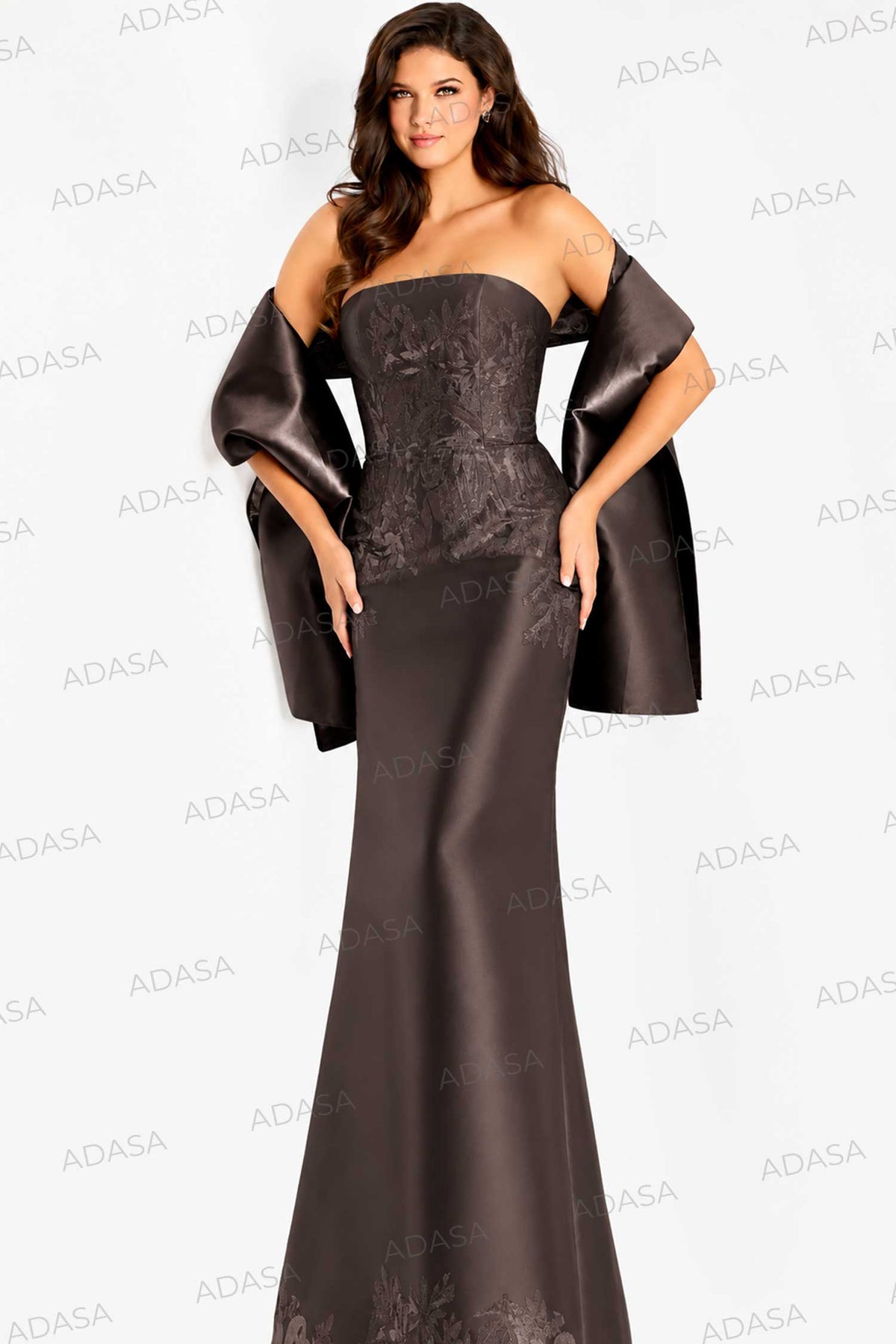 Jovani 45577 - Embroidered Satin Straight Neckline Gown