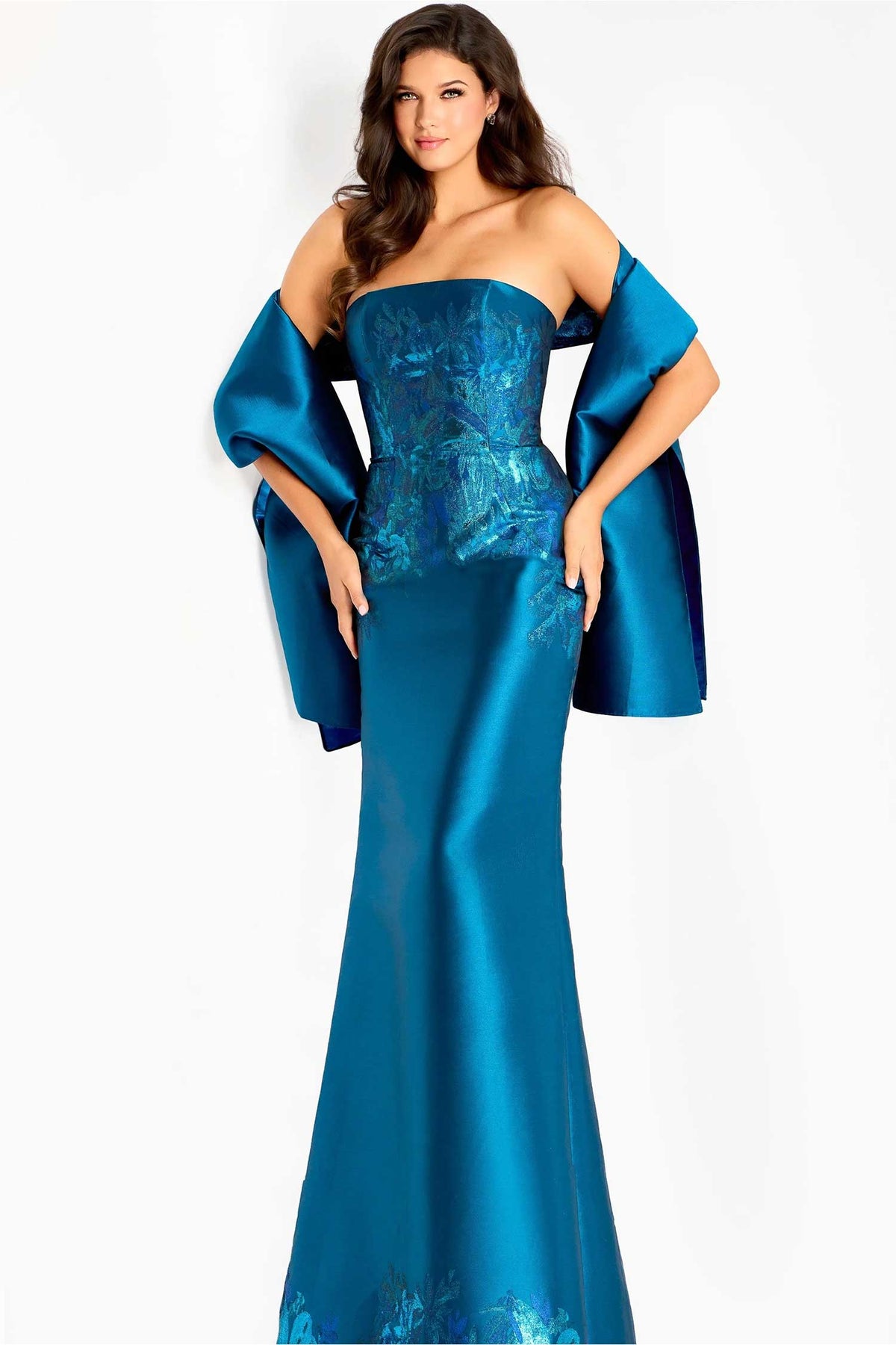 Jovani 45577 - Embroidered Satin Straight Neckline Gown