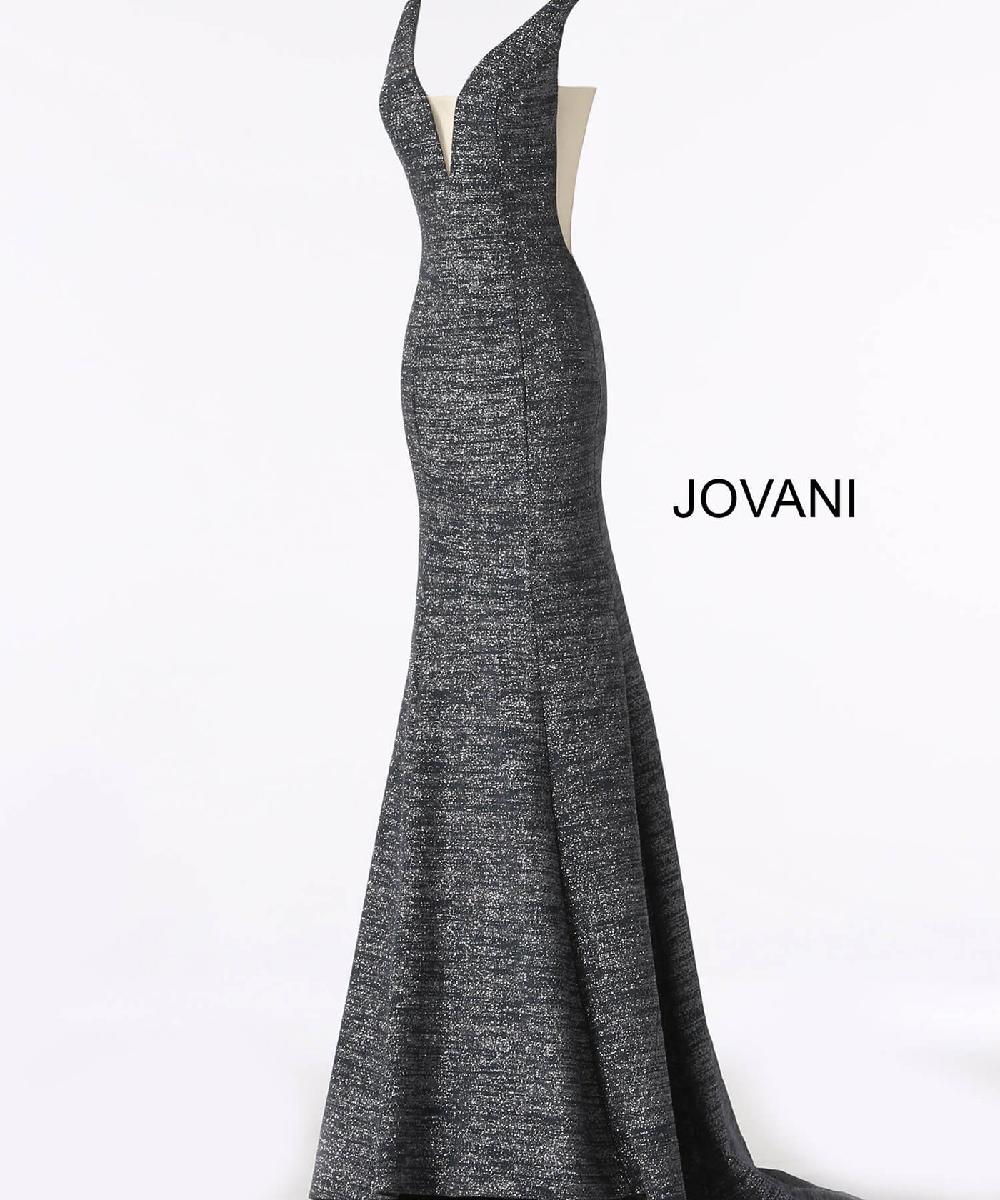 Jovani 45811 V-Neckline Prom Dress With Nude Cut-Outs Prom Dresses 00 / Gunmetal