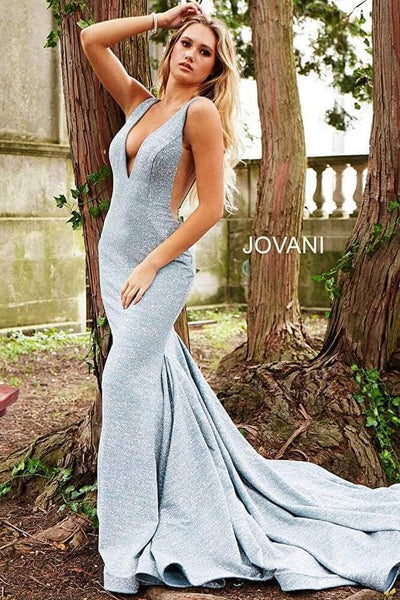 Jovani 45811 V-Neckline Prom Dress With Nude Cut-Outs Prom Dresses 00 / Light-Blue