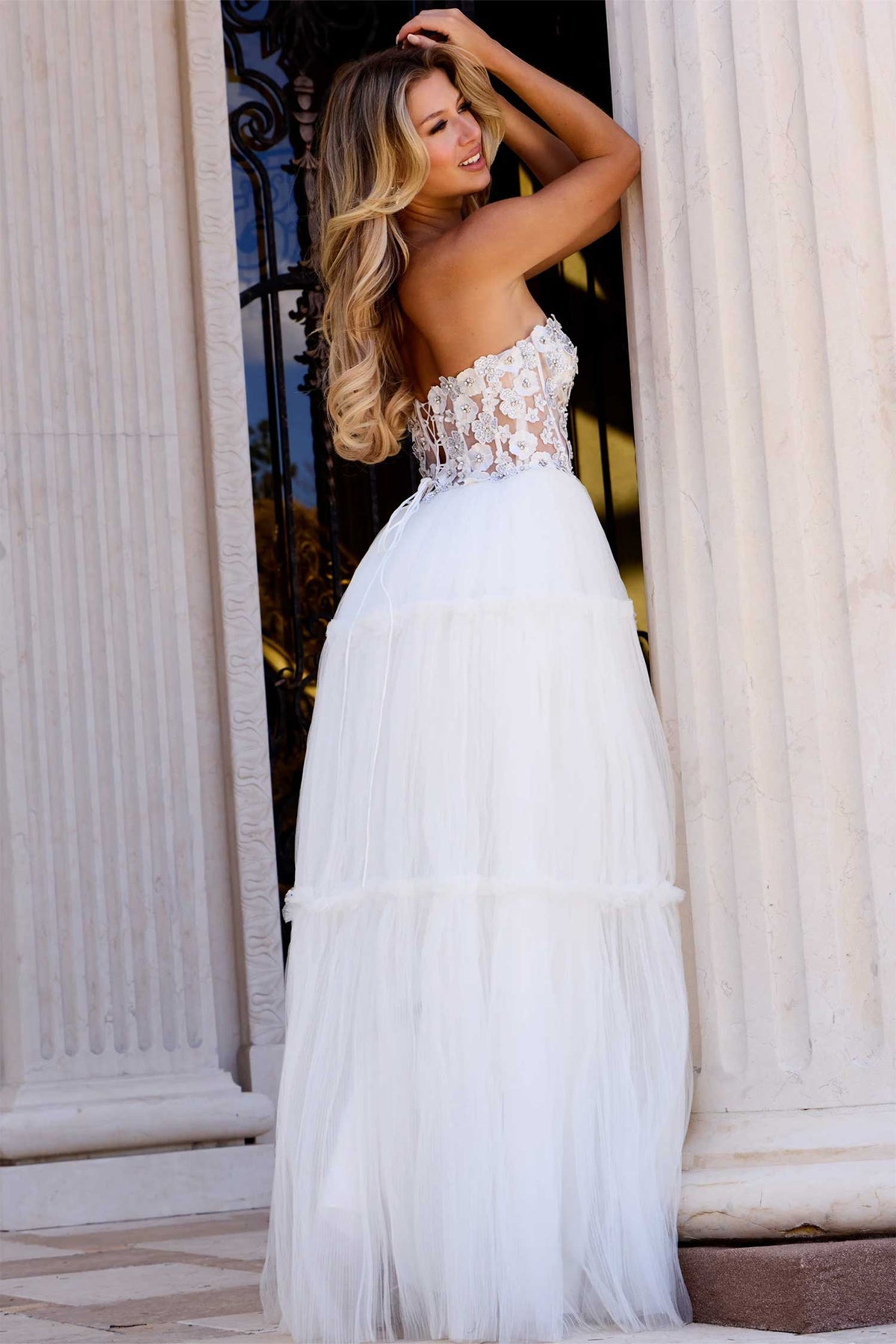 Jovani 45866 - Floral Corset Bodice Tiered Gown