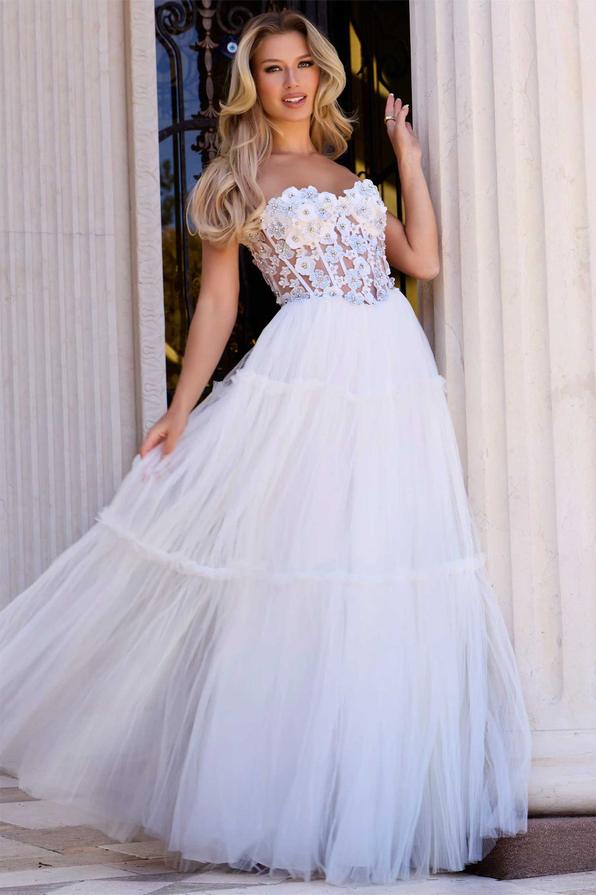 Jovani 45866 - Floral Corset Bodice Tiered Gown