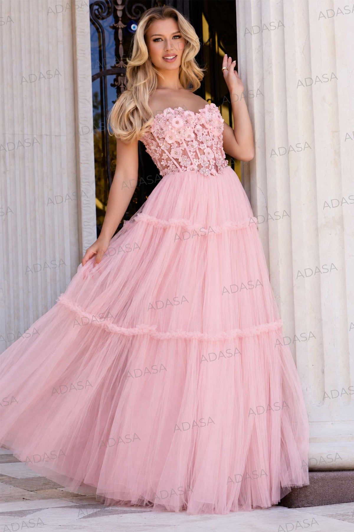 Jovani 45866 - Floral Corset Bodice Tiered Gown
