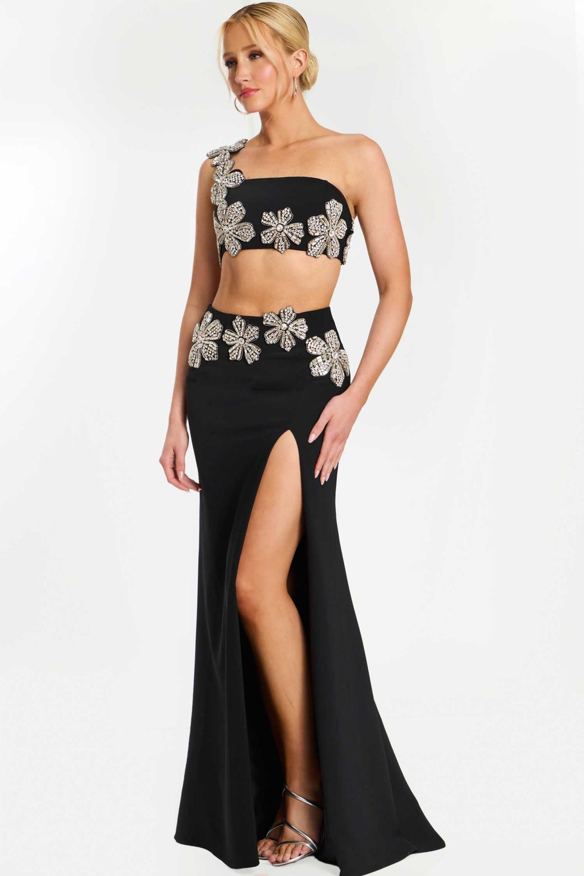 Jovani 46003 - Crystal Floral Two Piece Fitted Gown