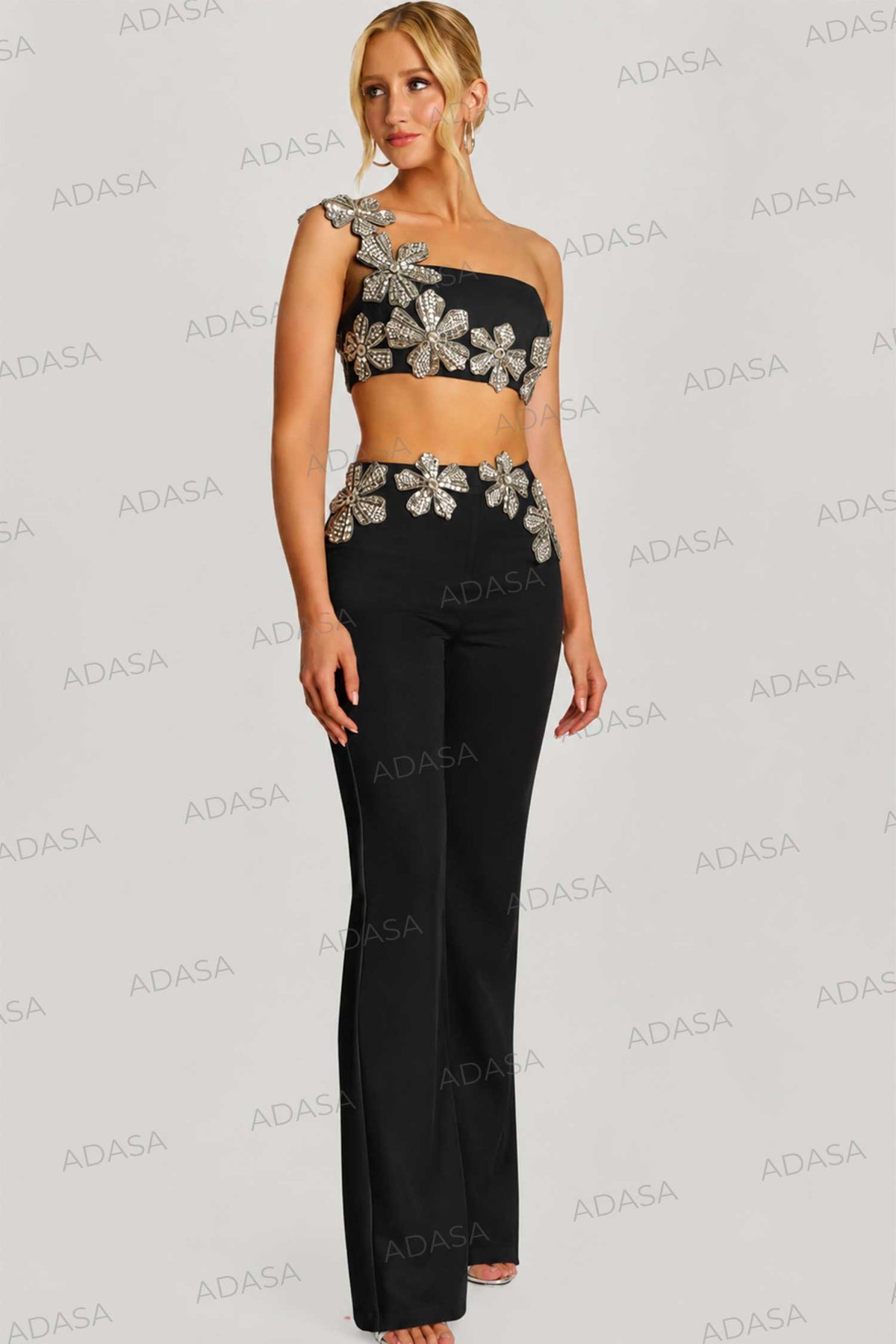 Jovani 46007 - Two Piece Pantsuit with Floral Appliques