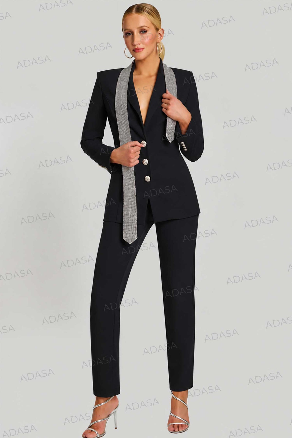 Jovani 46267 - Long Sleeve Fitted Pantsuit with Rhinestone Buttons