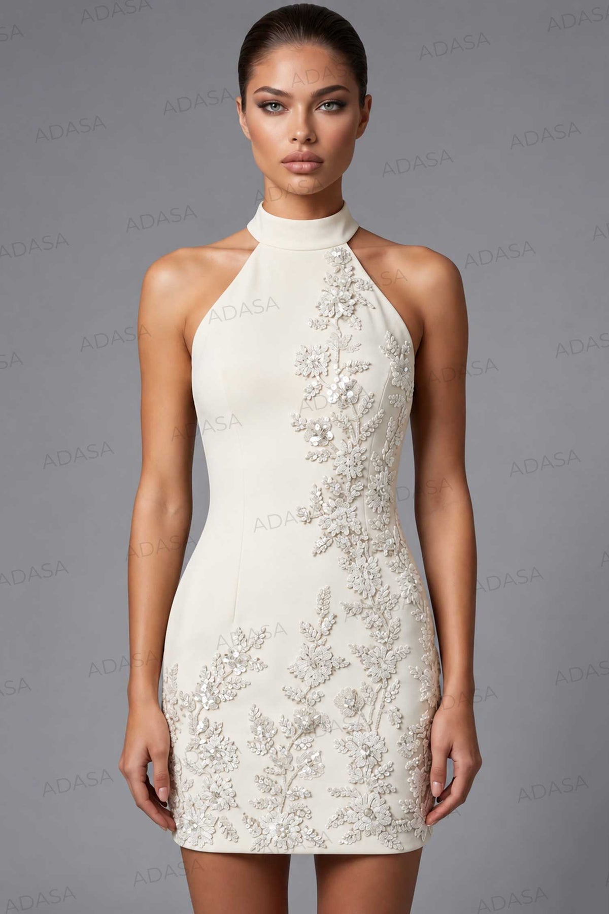 Jovani 46402 - Fitted Halter Crepe Dress with Appliques