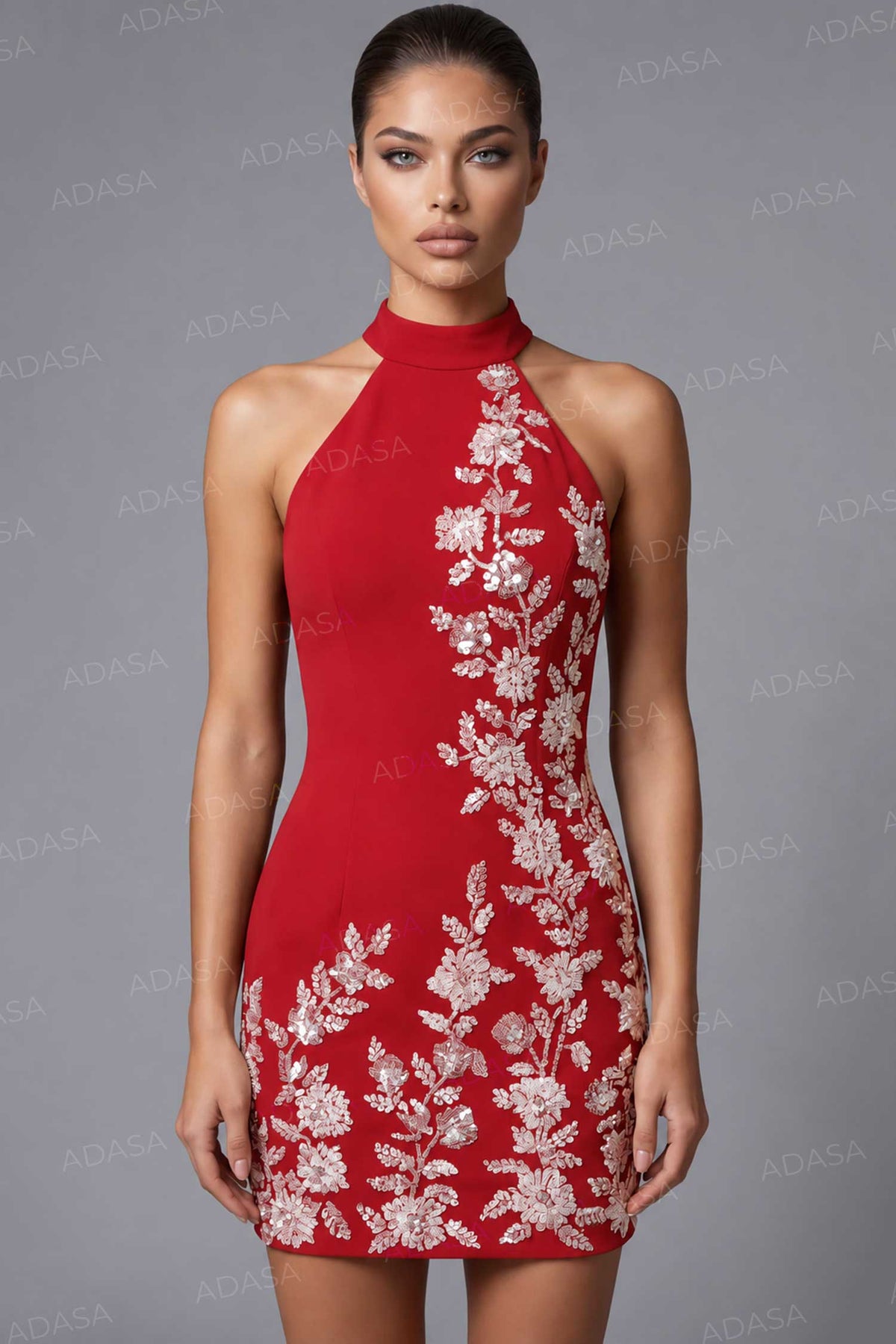 Jovani 46402 - Fitted Halter Crepe Dress with Appliques