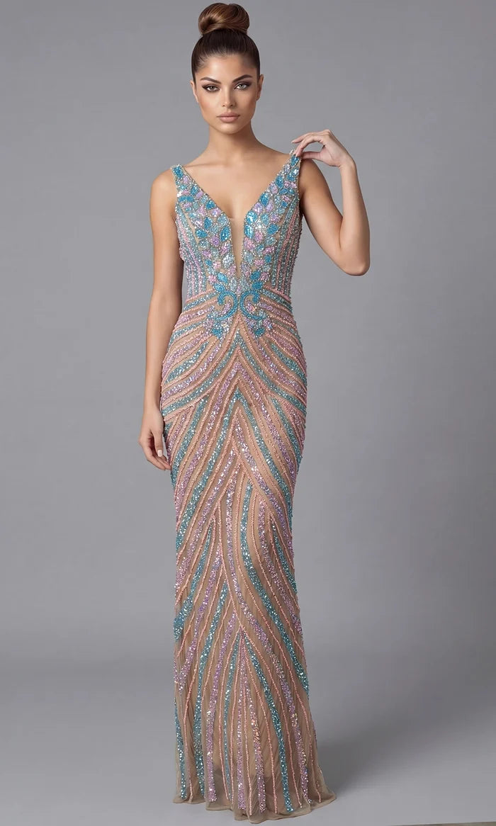 Jovani 46515 - Sleeveless Chevron Beaded Long Gown