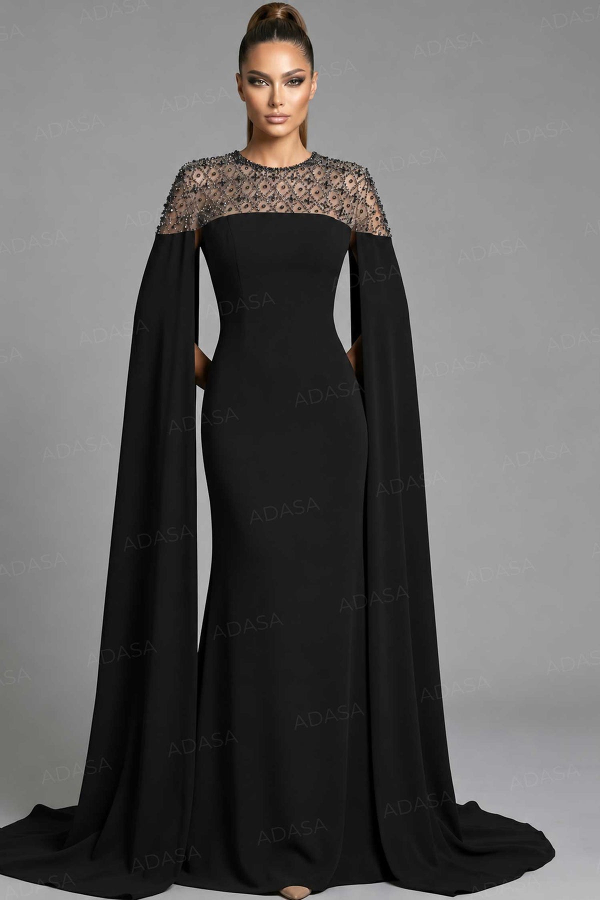 Jovani 46522 - Long Cape Sleeve Embellished Gown