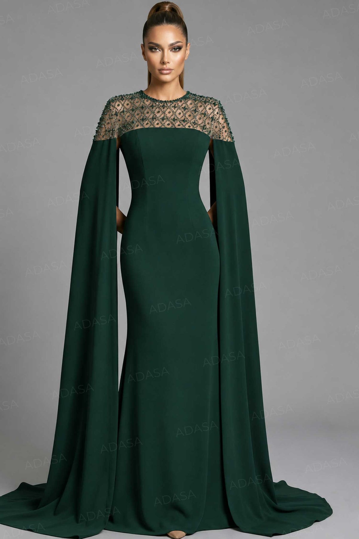 Jovani 46522 - Long Cape Sleeve Embellished Gown
