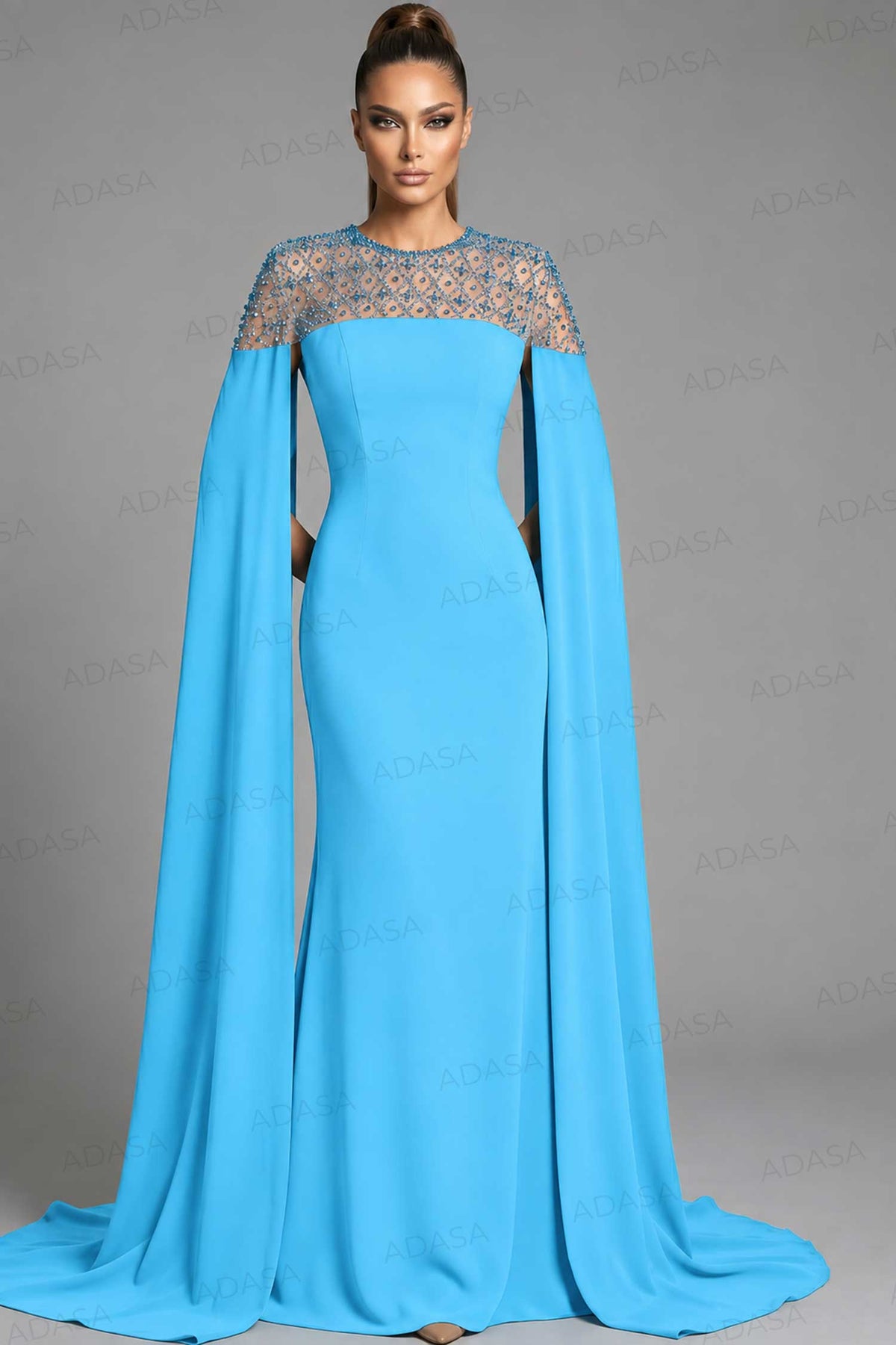 Jovani 46522 - Long Cape Sleeve Embellished Gown