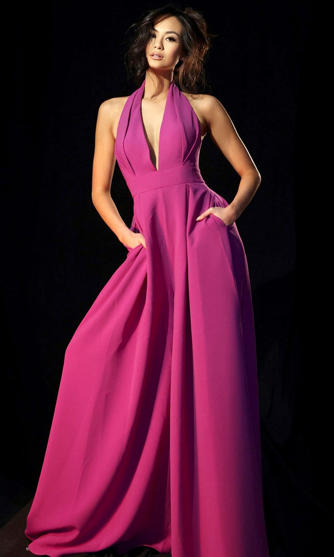 Jovani 46632 Halter Wide Leg Pleated Jumpsuit