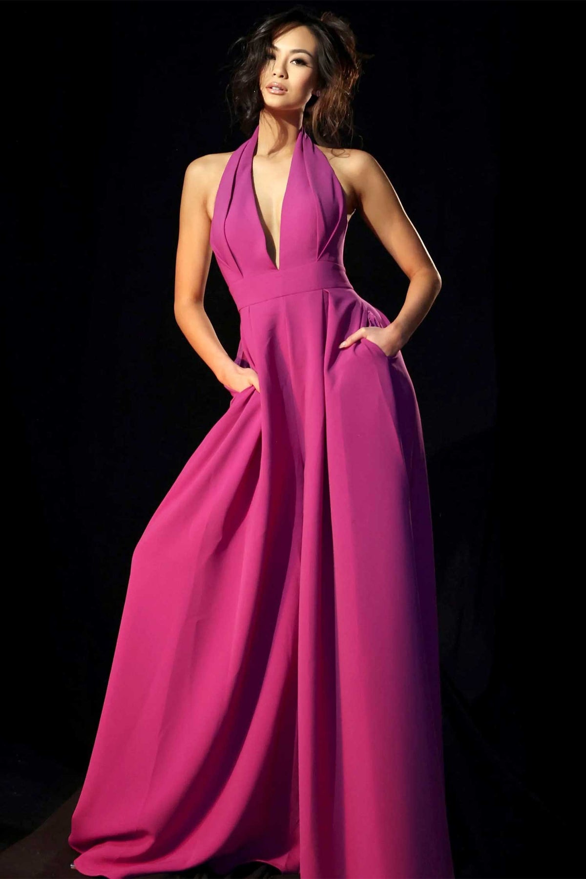 Jovani 46632 - Wide Leg Plunging Jumpsuit with Pockets