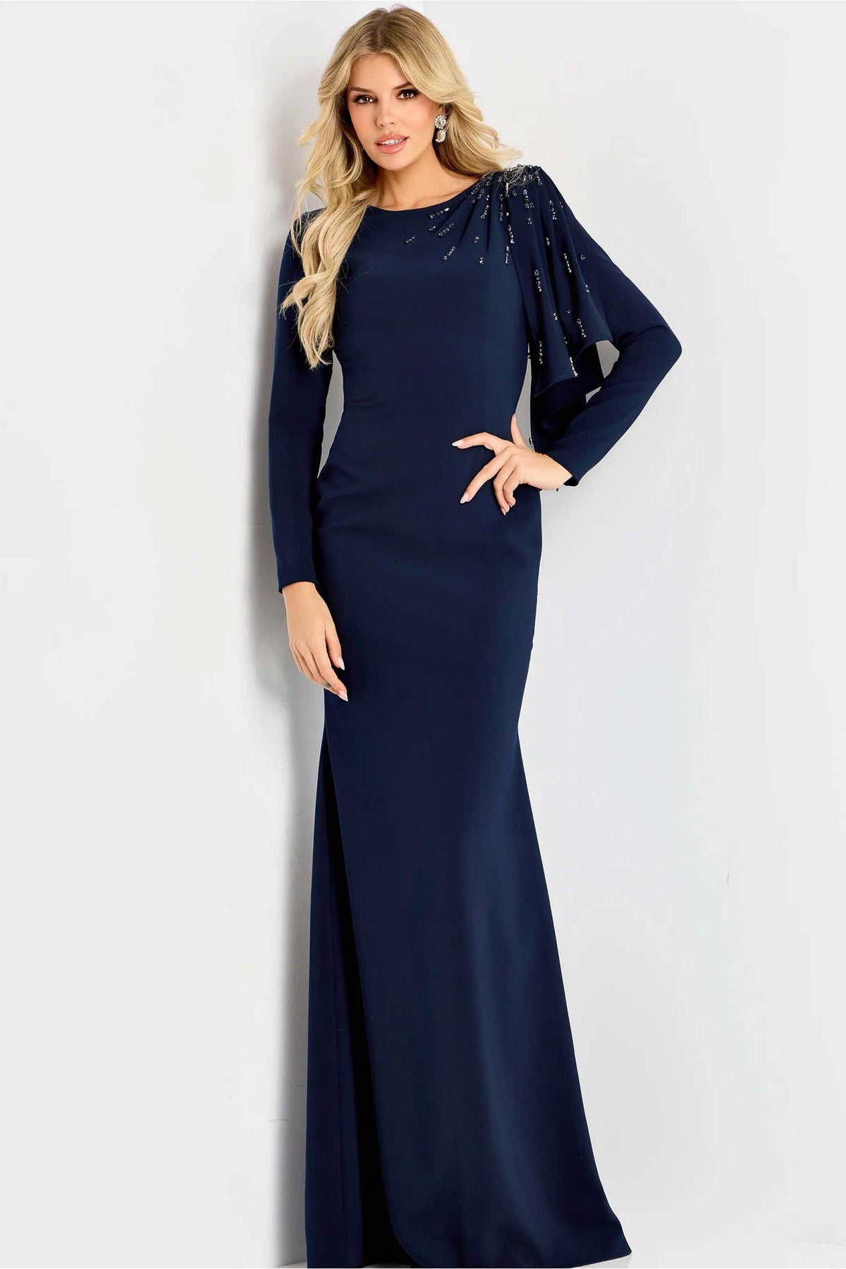 Jovani 46738 - Embellished Shoulder Sheath Crepe Gown