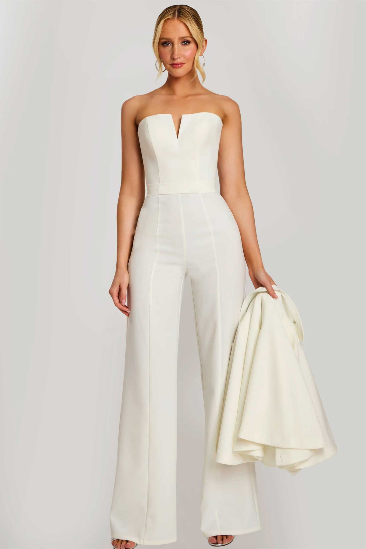 Jovani 46781 - Notched Neck Strapless Jumpsuit with Cape
