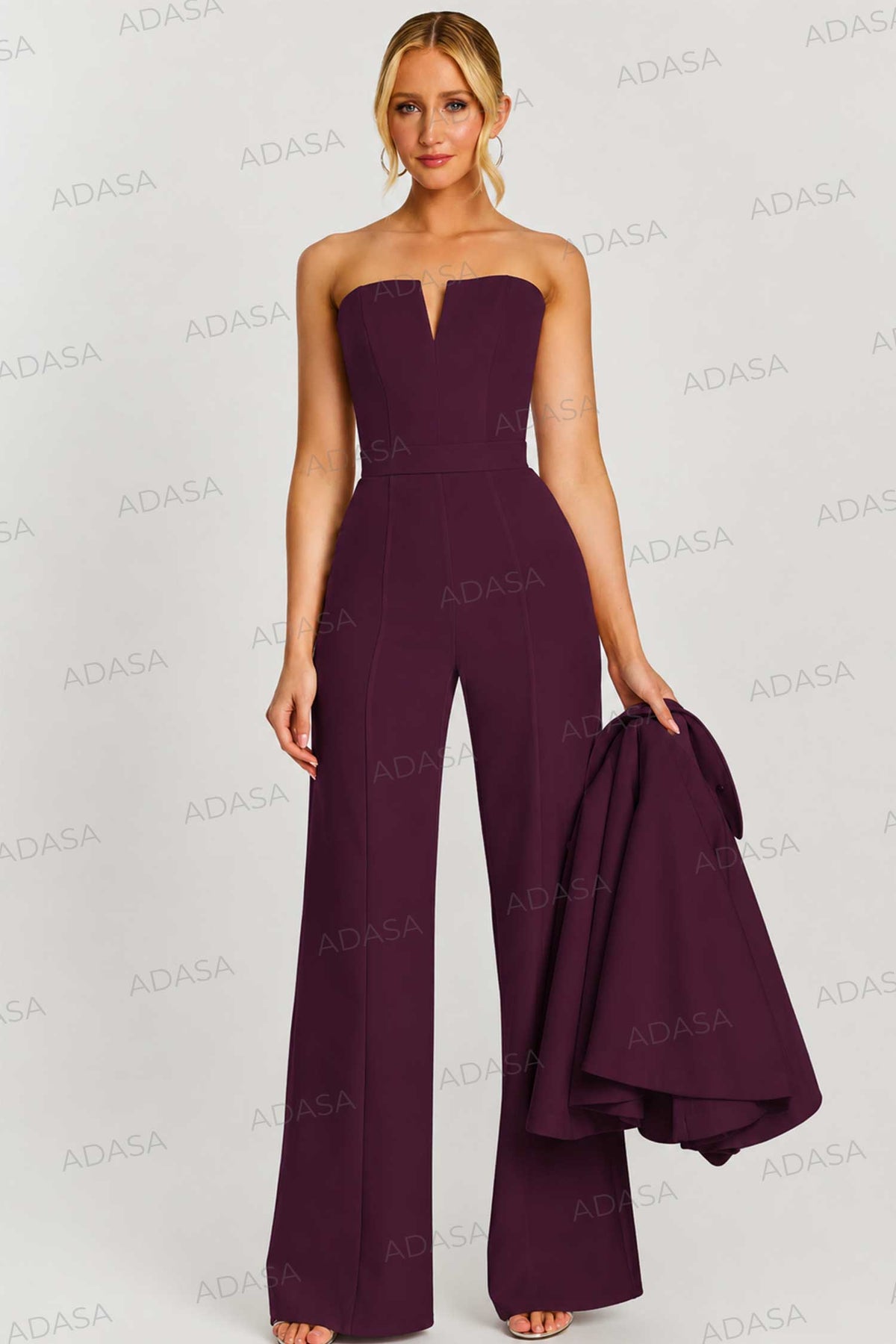 Jovani 46781 - Notched Neck Strapless Jumpsuit with Cape
