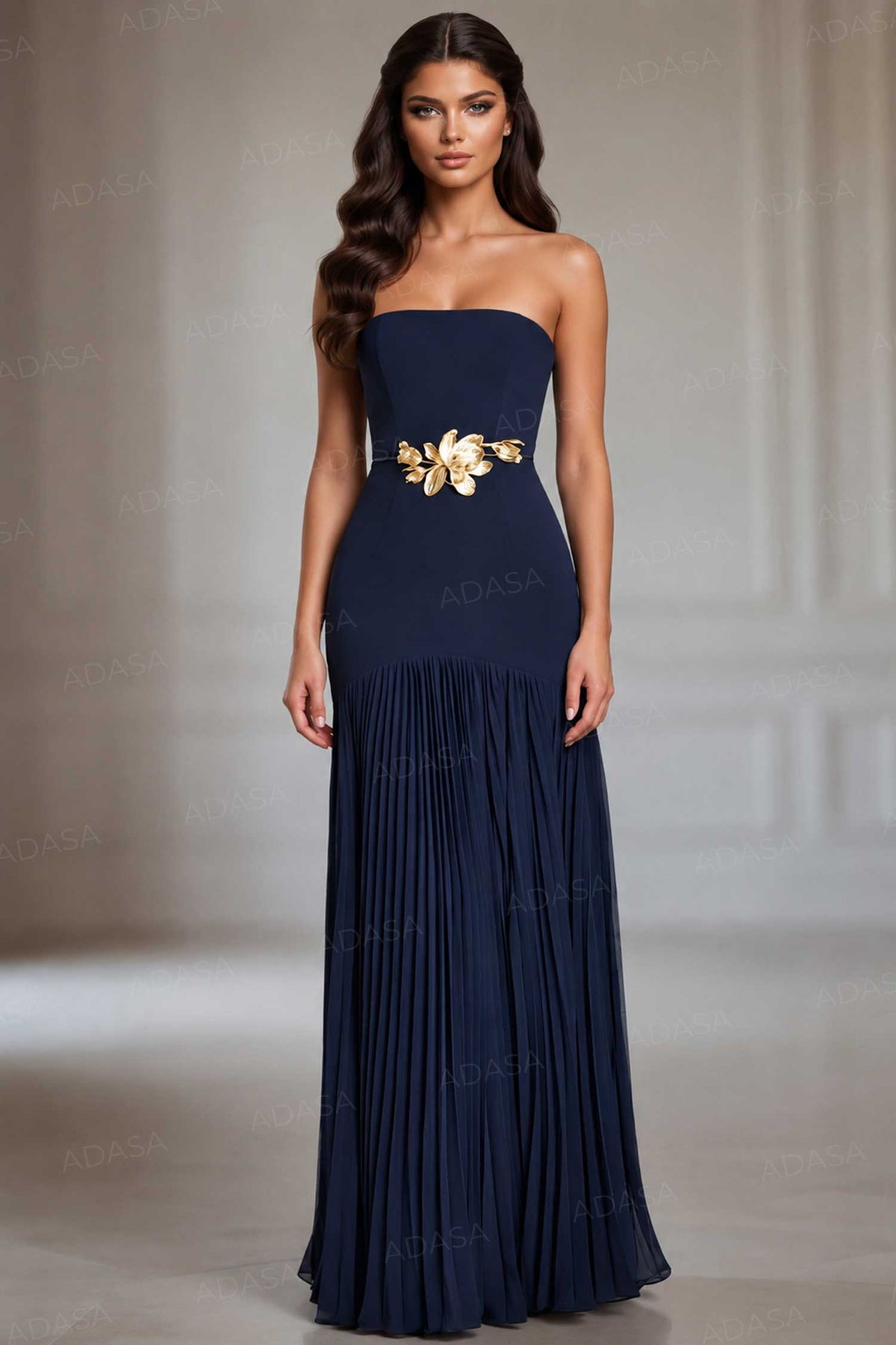 Jovani 47000 - Gold Floral Waist Strapless Pleated Dress