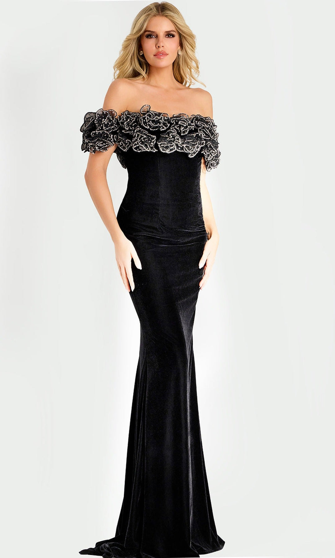 Jovani 47086 Beaded Ruffle Trim Sheath Velvet Gown