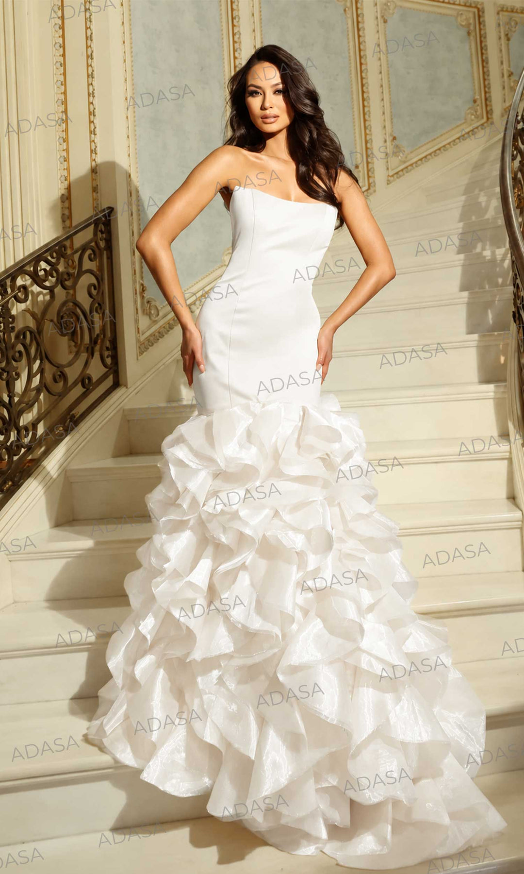 Jovani 47098 - Ruffled Skirt Strapless Seam Sculpted Gown