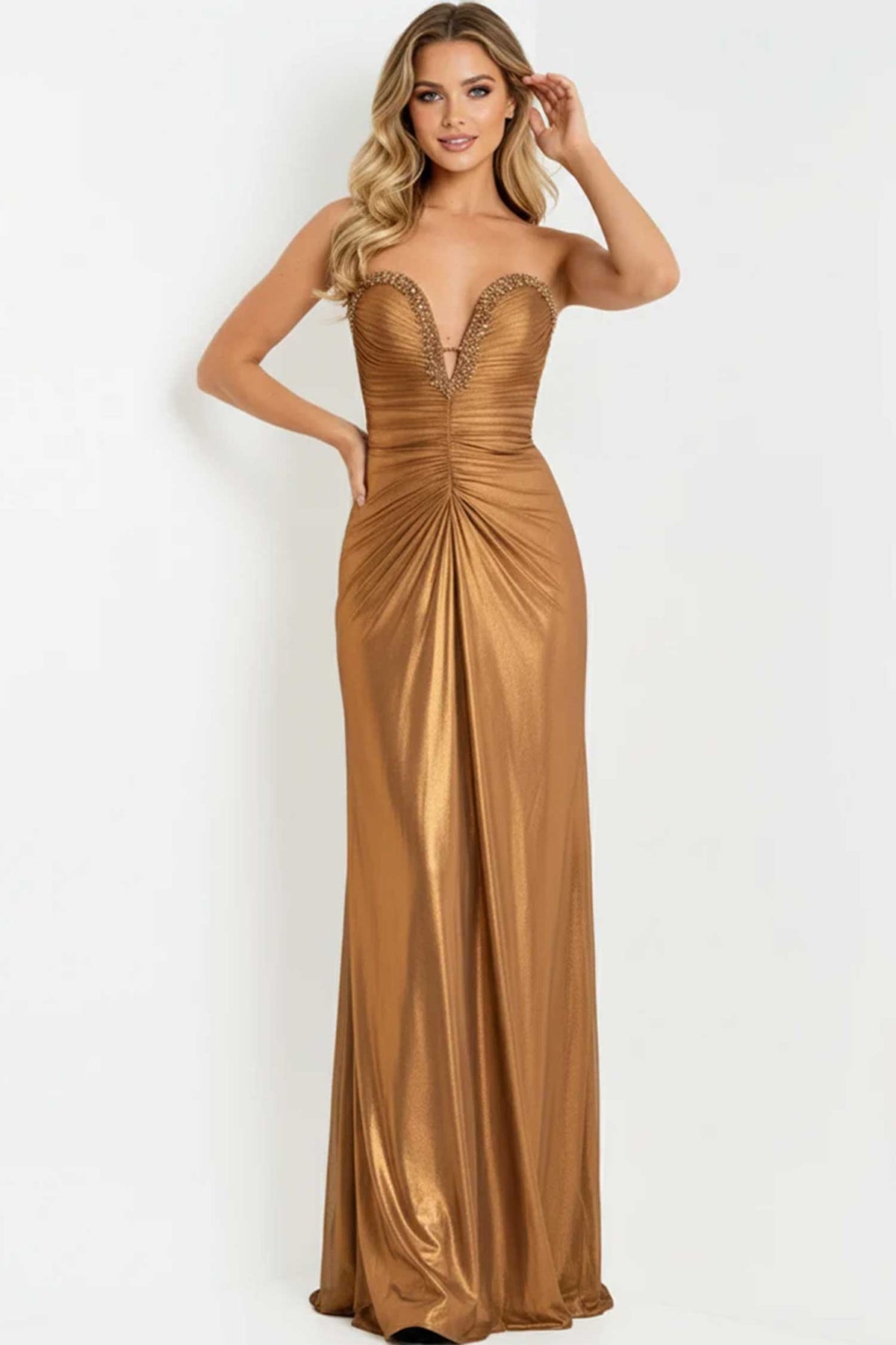 Jovani 47168 - Ruched Metallic Sheath Long Gown