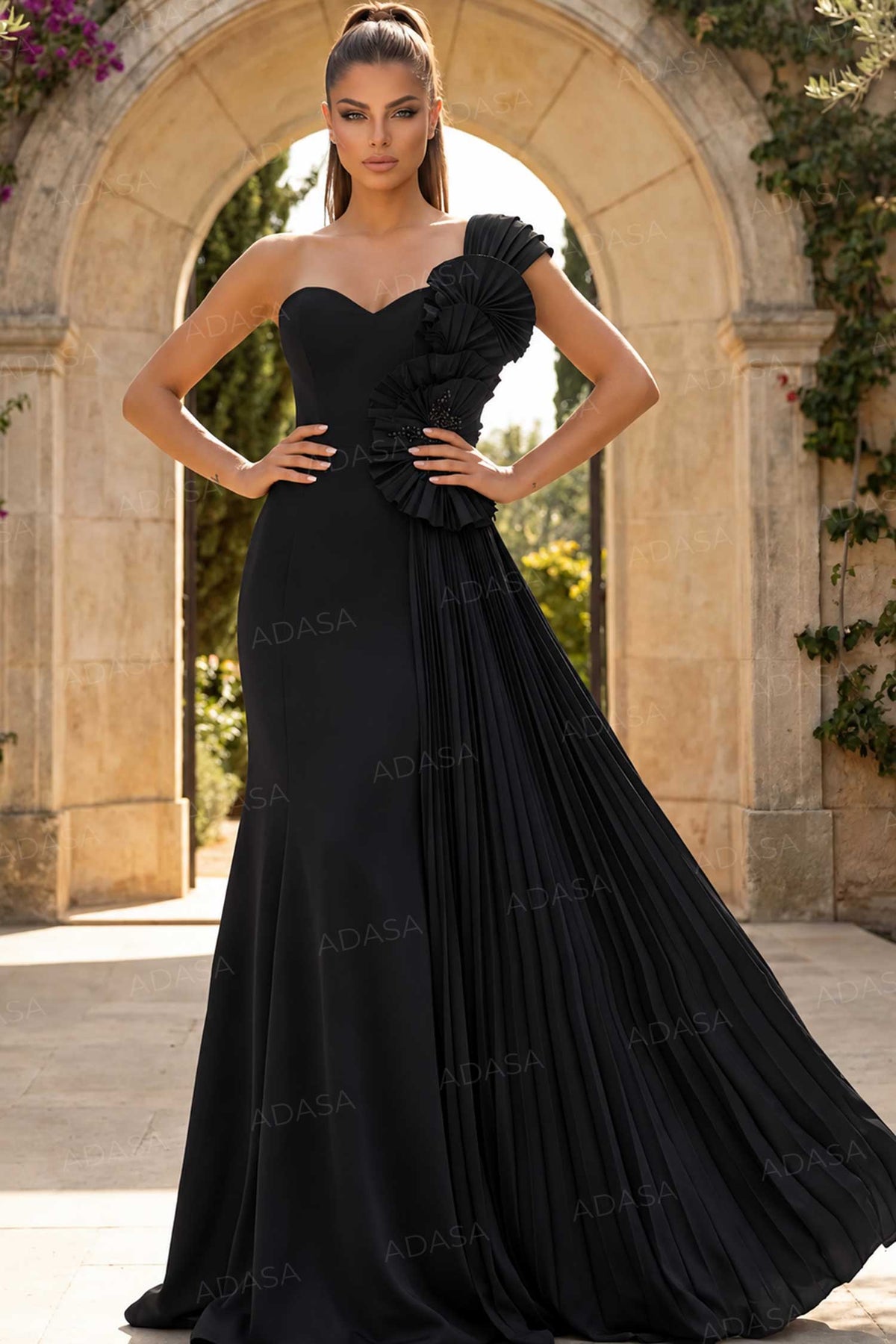 Jovani 47202 - Pleated Bodice Asymmetric Crepe Gown