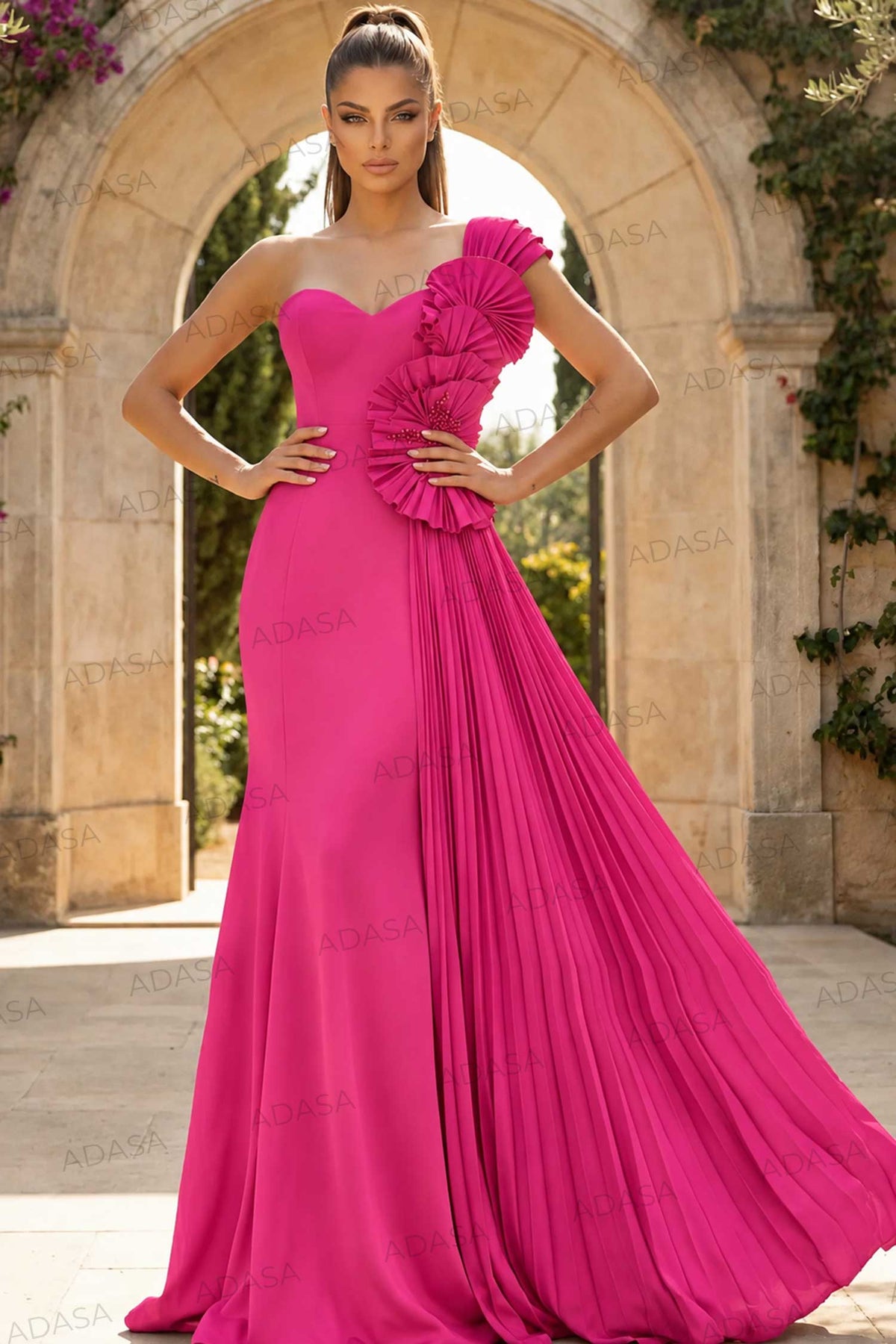 Jovani 47202 - Pleated Bodice Asymmetric Crepe Gown