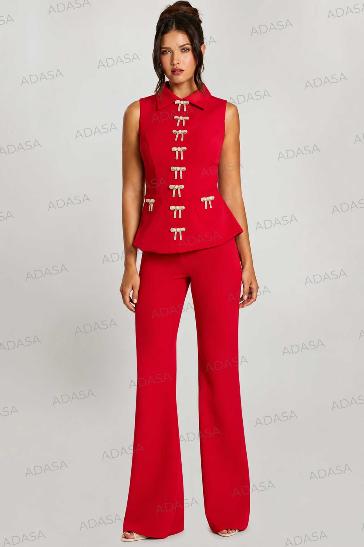 Jovani 47233 - Sleeveless Crepe Pantsuit with Beaded Bows