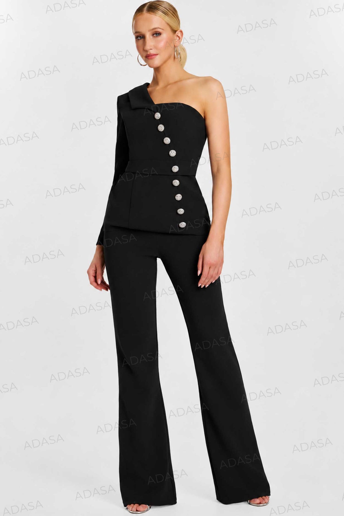 Jovani 47234 - Button Detail Asymmetric Crepe Pantsuit
