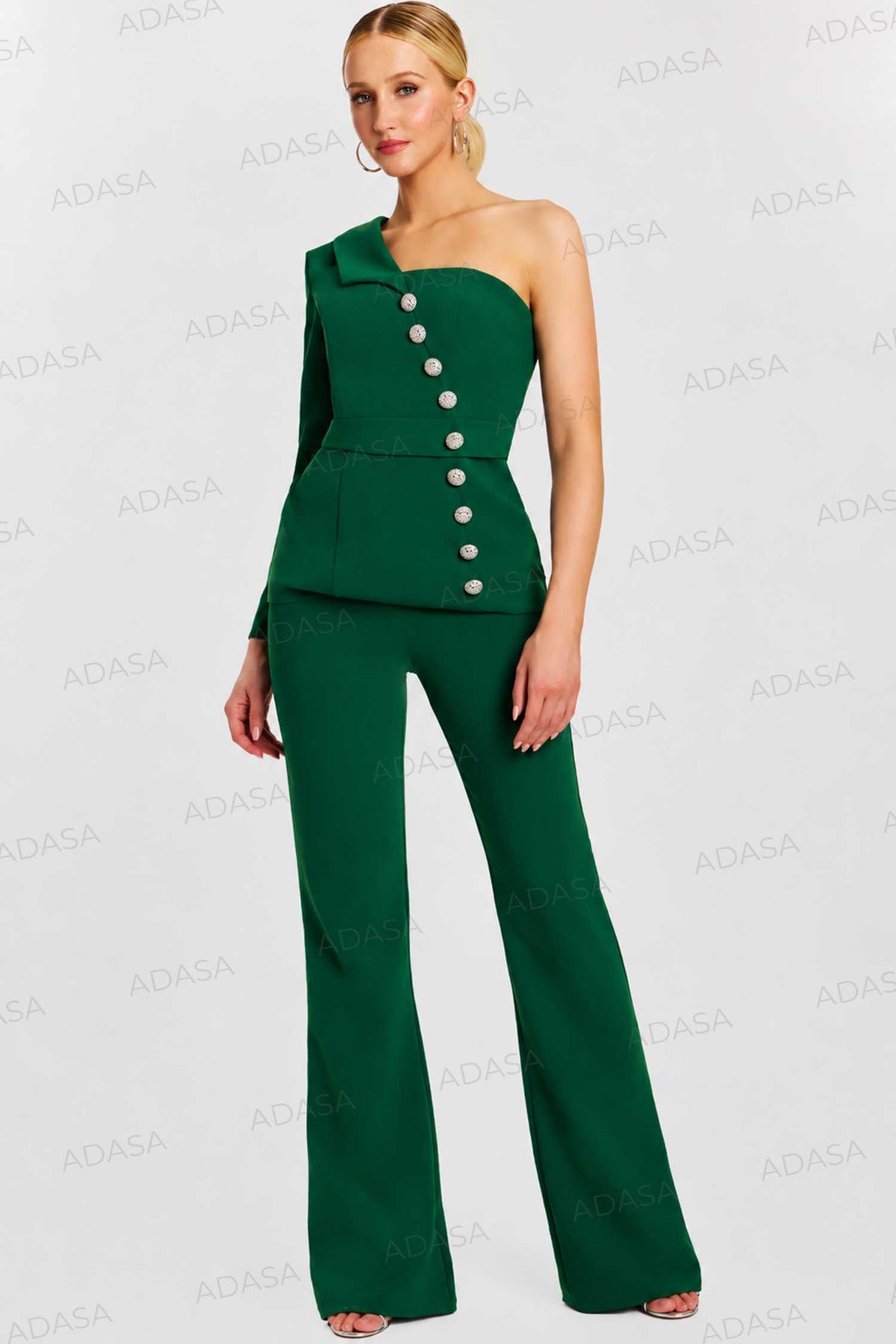 Jovani 47234 - Button Detail Asymmetric Crepe Pantsuit