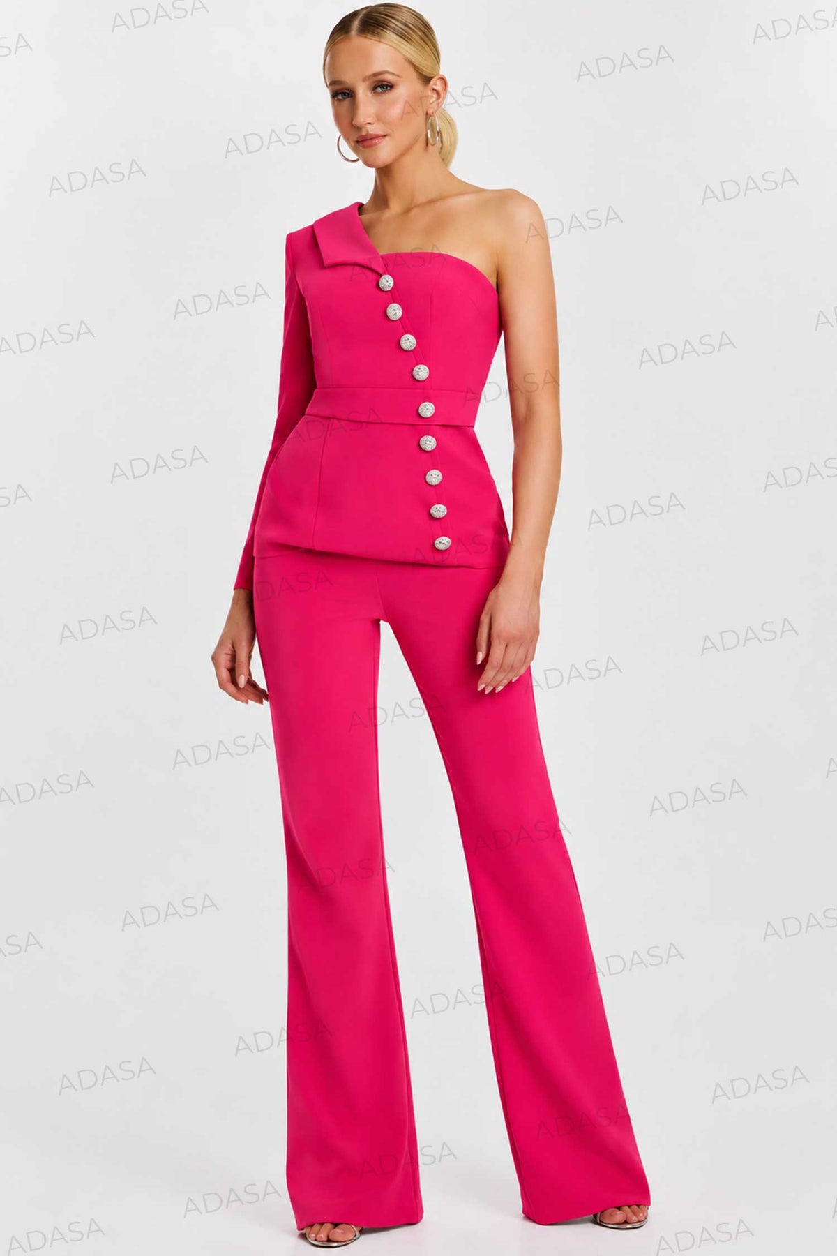 Jovani 47234 - Button Detail Asymmetric Crepe Pantsuit